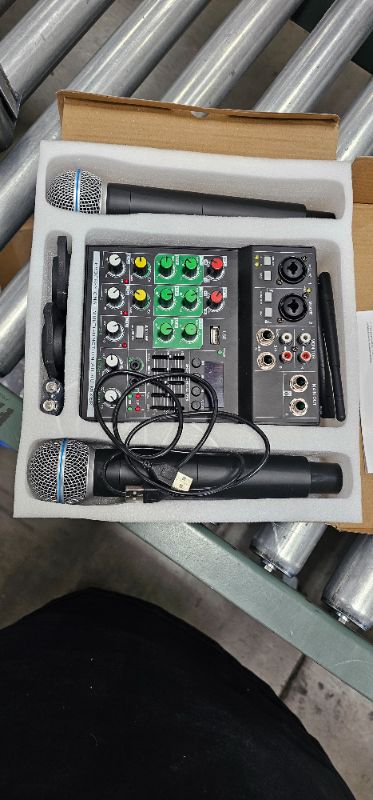 Photo 2 of 4 Channel Audio Mixer, Professional with Dual Wireless Microphone, Sound Board Console System Interface DJ Mixer BT USB MP3 Computer Input 48V Phantom Power, Suitable for DJ Karaoke Guitar