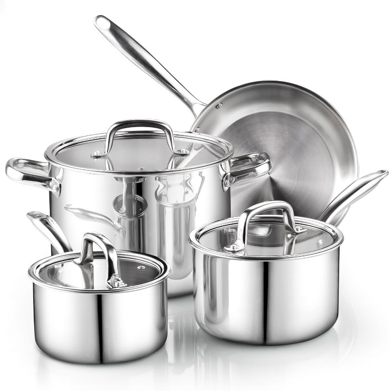 Photo 1 of 
Cook N Home Pots and Pans Stainless Steel Cooking Set 7-Piece, Tri-Ply Clad Kitchen Cookware Set, Dishwasher Safe, Glass Lid, Silver