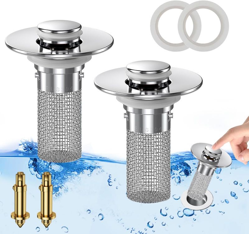 Photo 1 of (2PCS) Bathroom Sink Drain Strainer, Pop-up Sink Drain Strainer with Removable Stainless Steel Strainer Basket Hair Catcher, Bathroom Sink Strainer for Bathroom Sink Stopper Replacement
