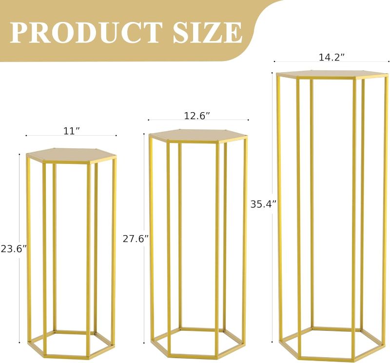 Photo 3 of (READ FULL POST) Wokceer Hexagon Pedestal Stand Cylinder Stands for Party 35.43" Set of 3 Nesting Display Cylinder Tables for Parties Wedding Living Room Patio Decor Gold