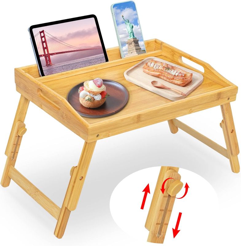 Photo 1 of Bed Tray Table for Eating - Bamboo Breakfast Food Table with Phone Tablet Holder - Adjustable Height Serving Tray with Folding Legs on Lap Sofa - Portable Laptop Snack Platter for Bedroom Picnic
