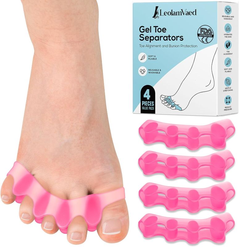 Photo 1 of (4 Pieces) Reusable Toe Separators & Toe Spacers for Feet Men and Women, Fast Pain Relief from Hammer Toe & Bunions, Medical Grade Gel Hammer Toe Corrector Straightener for Walking, Running & Yoga
