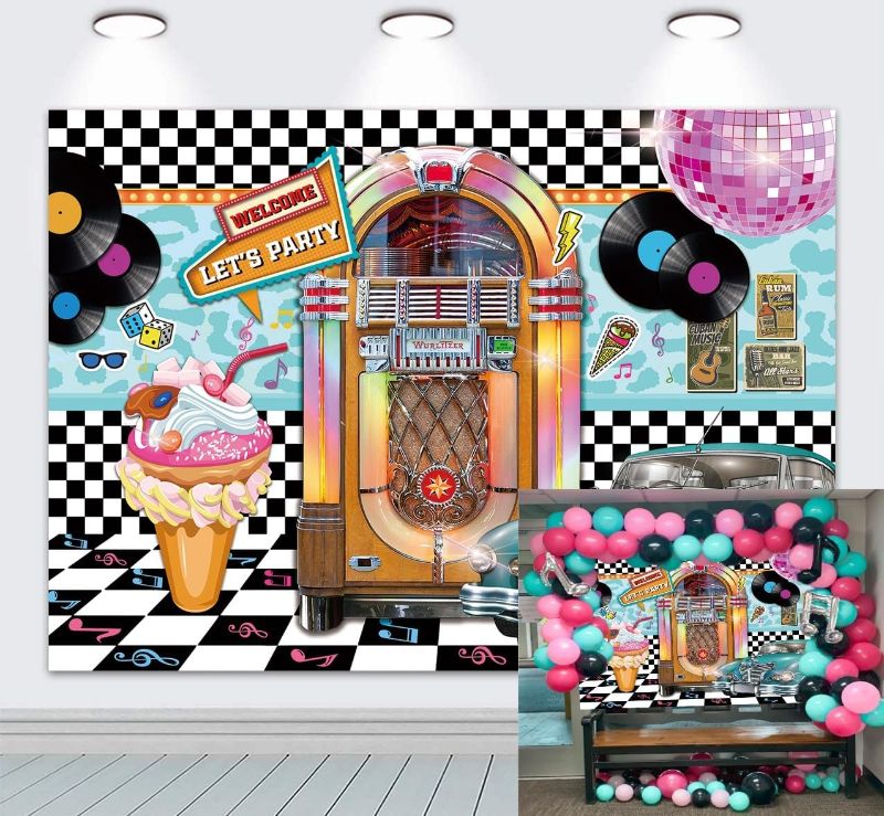 Photo 1 of 50's Theme Party Backdrop Retro Rock Welcome Let's Party Record Light Ball Photography Background Retro Birthday Classic Car Party Decoration