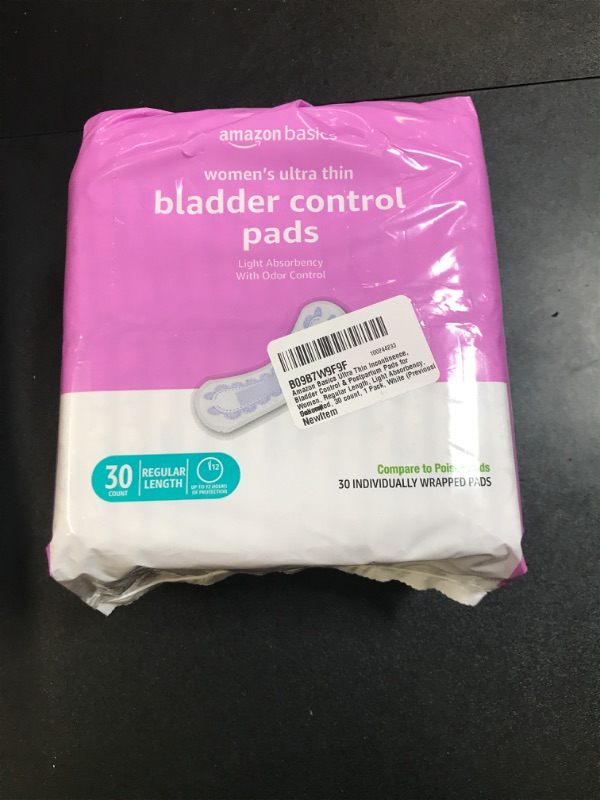 Photo 2 of Amazon Basics Ultra Thin Incontinence, Bladder Control & Postpartum Pads for Women, Regular Length, Light Absorbency, Unscented, 30 count, 1 Pack, White (Previously Solimo)