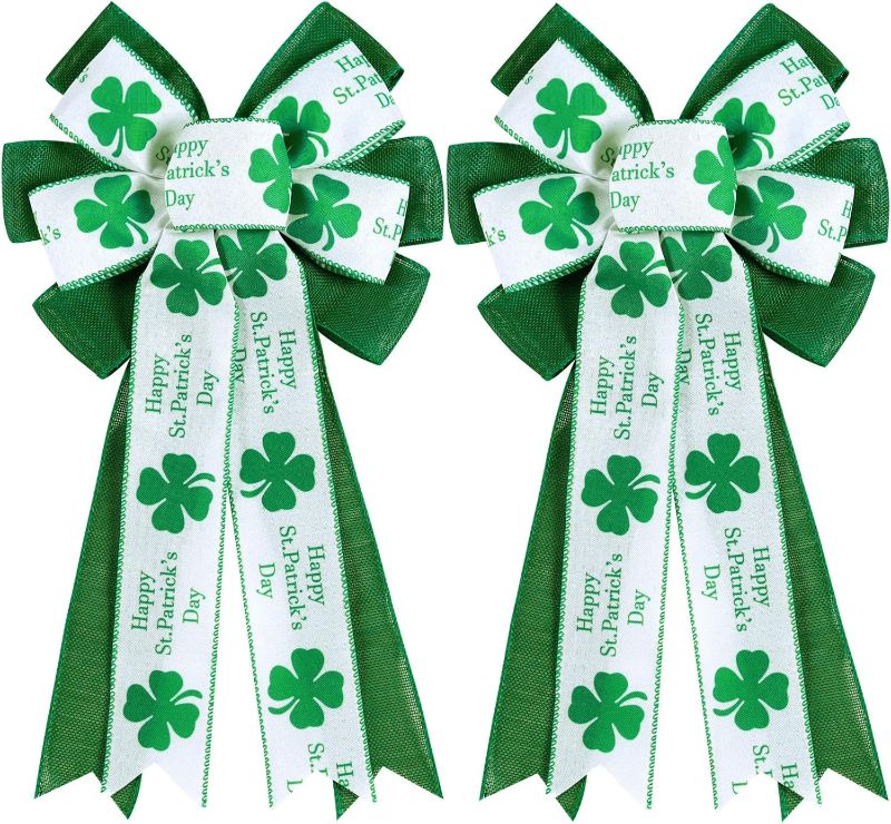 Photo 1 of 2 Pcs St Patricks Day Bows for Wreath Outdoor Decorations,St Patricks Day Tree Topper Bows,Large White Green Burlap Shamrock Bowknot Irish Holiday Crafts Bows for Front Door Decor
