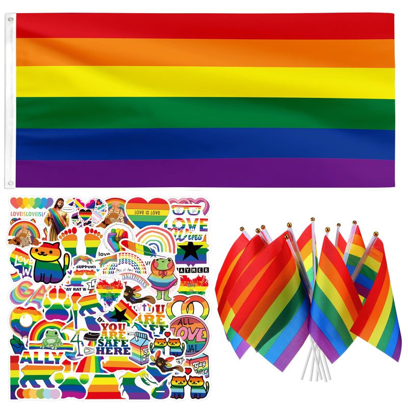 Photo 1 of 61 Pcs Rainbow Pride Gifts Include 50 Pcs Gay Pride Sticker Rainbow Stickers 10 Pcs Rainbow Pride Mini Flags with 3x5 ft Rainbow Pride Flag for Men Women to Showcase Your LGBTQ Support