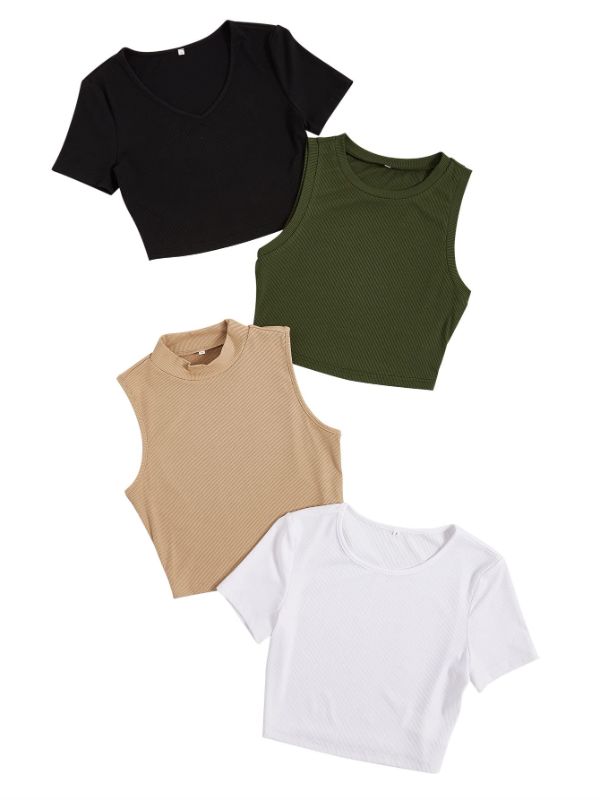 Photo 1 of MakeMeChic Women's Casual 4 Pieces Solid Ribbed Knit Crop Tank Tops Vest Pack Medium W Multi