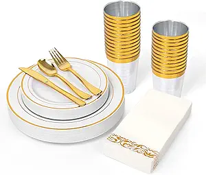 Photo 1 of 175 Piece Gold Dinnerware Set, 25 Guest Gold Rim Plastic Plates, 25 Gold Plastic Silverware, 25 Gold Cups, 25 Gold Napkins, Disposable Dinnerware Set 25 Guest, For Wedding, Party
Brand: BAYZZ