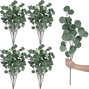 Photo 1 of 20 Pcs artificial eucalyptus stems fake eucalyptus faux greenery Leaves 23.6 Inches Silver Dollar Eucalyptus Fake Plant Decor Silk Eucalyptus Branches Artificial Greenery Plant for Wedding Decoration