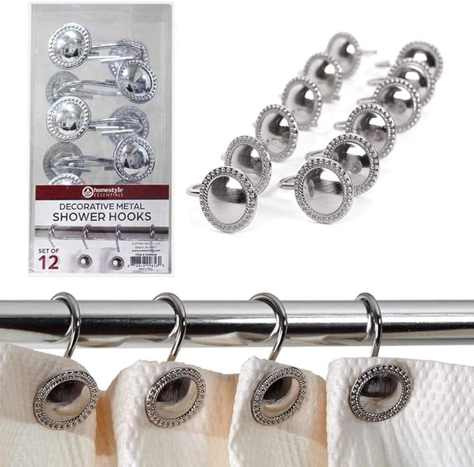 Photo 1 of 12 Pk Decorative Metal Shower Hooks Heavy Duty Rod Curtain Rings Bathroom Silver