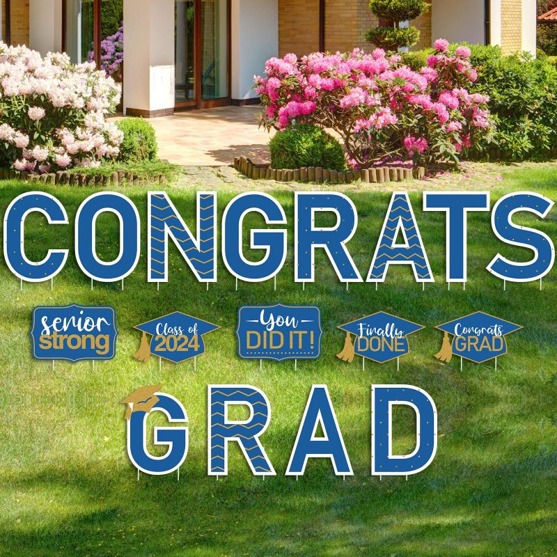 Photo 1 of 17 Pieces 2024 Graduation Decoration Outdoor Congrats Grad Yard Sign Class of 2024 Garden Lawn Sign with 35 Stakes for Grad Party Outdoor Decor Blue