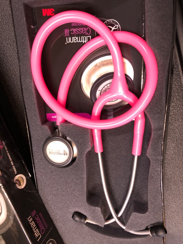 Photo 2 of 3M Littmann Classic III Monitoring Stethoscope, 5633, More Than 2X as Loud* and Weighs Less**, Stainless Steel Chestpiece, 27" Pearl Pink Tube Stainless-Finish Chestpiece Pearl Pink Tube