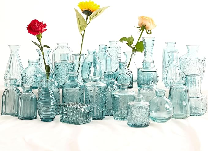 Photo 1 of Blue Glass  Vases Set 30,Vases in Bulk,Small Vases Bulk for Flowers,Glass Vases for Centerpieces,Vases Bulk Mini Vases for Home Decor, Rustic Wedding Decorations,Home Table Flower Decor,Party