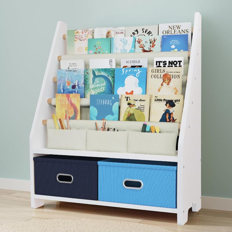 Photo 1 of 4 Tier Kids Book Shelf, Wooden Kids Book Rack, White Kids Bookshelf with Toy Storage Organizer, Toddler Sling Bookshelf for Boys, Girls, Kids Room, Blue
