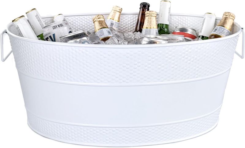 Photo 1 of BREKX Modern White Aspen Galvanized Tub, Metal Ice and Drink Bucket Beverage Tub, Large Drink Cooler for Parties Large 15-Bottle Wine Basket for Wedding Gift- 25QT (6 Gallon) Oval
