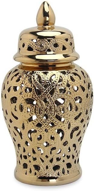 Photo 1 of ARTLINE Traditional Pierced Ginger Jar with Lid, Carved Lattice Decorative Temple Jar, Cut Out Ceramic Vases for Home Decor (Medium, Gold)