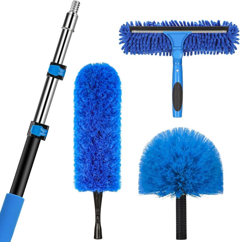 Photo 1 of 20 Feet High Reach Duster Kit with 5-12 Ft Extension Pole, Cobweb Duster with Telescoping Pole, Window Squeegee with Scrubber, Spider Web Brush, High Ceiling Fan Duster for High Window, Interior Roof