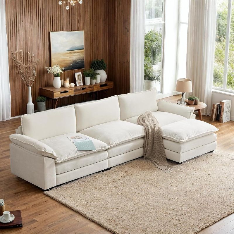 Photo 1 of ***BOX 1 OF 3, FOR PARTS ONLY***  VINGLI 120" Cloud White/Cream Convertible Sectional Sofa, Comfy L-Shape Extra Deep Seat Sofa Couch for Living Room,Modern Chenille 3-Seat Convertible Sofa with Movable Ottoman for Small Space
