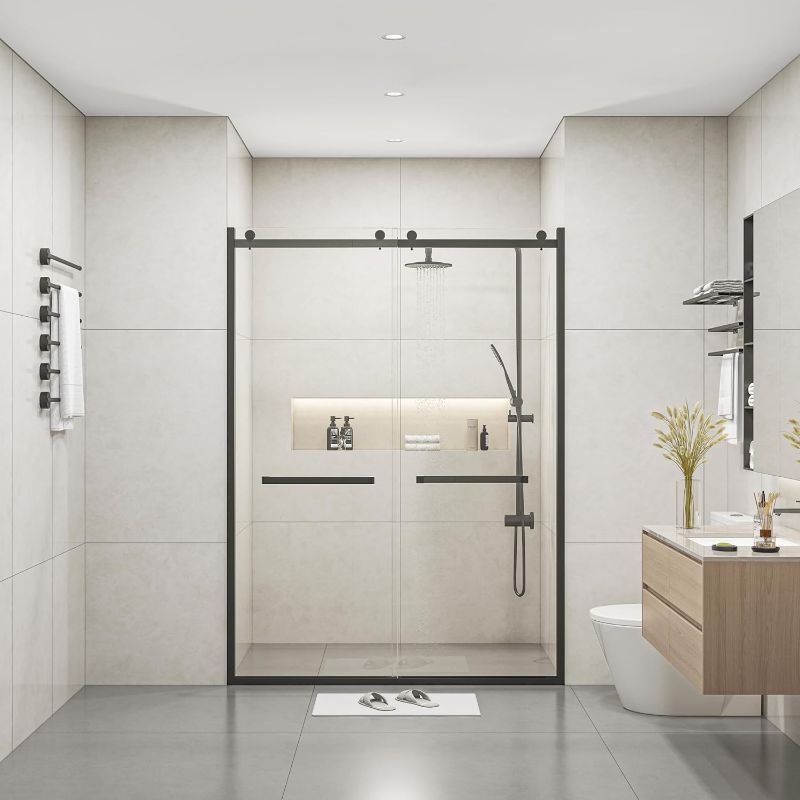 Photo 1 of -MISSING METAL FRAMES- Semi-Frameless Double Sliding Glass Shower Doors, 60" Width x 76" Height with 3/8"(10mm) Clear Tempered Glass, Matt Black Finish
