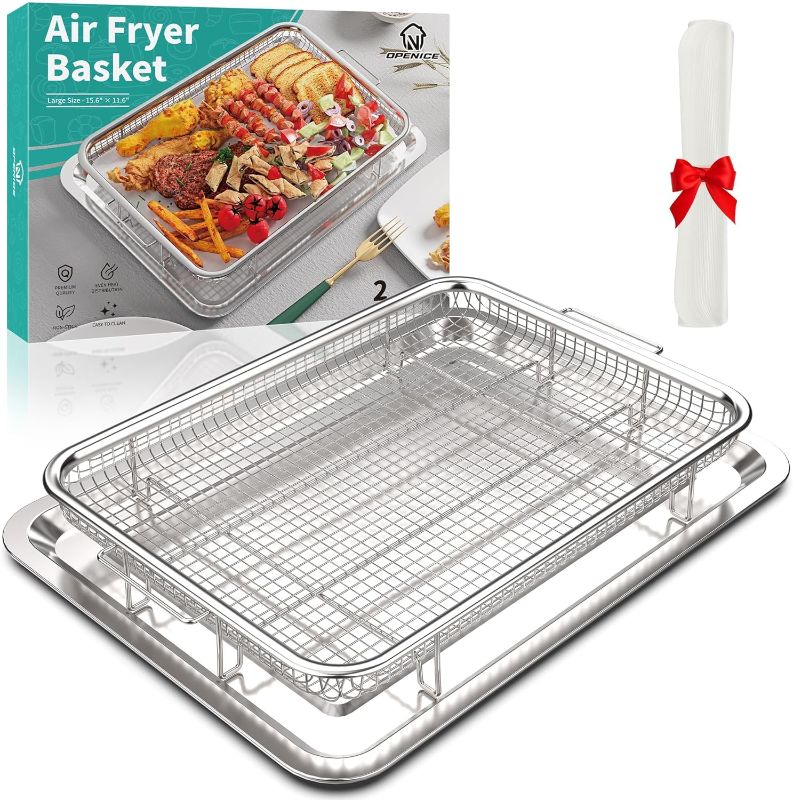 Photo 1 of Air Fryer Basket for Oven, OPENICE 15.6" x 11.6" Large Air Fryer Basket and Pan with 30PCS Parchment Papers, Stainless Steel Oven Air Fryer Basket and Tray for Baking Grilling
