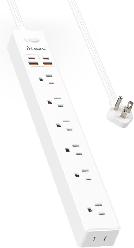 Photo 1 of 10 Ft Power Strip Surge Protector - 7 Outlets 4 USB Ports (2 USB C), Maxpw Ultra Thin Flat Extension Cord & Flat Plug, 1700 Joules, Wall Mount, Desk Charging Station for Home Office Dorm, White
