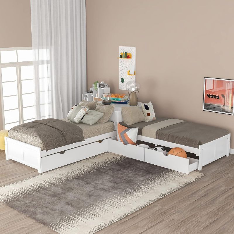 Photo 1 of *** BOX 2 OF 3 ONLY*** L-Shaped Twin Platform Bed Frame with Trundle and 2 Storage Drawers, Corner Wood Twin Platform Bed Frame Linked with Built-in Table for Kids Boys Girls Teens Adults, No Box Spring Need, White
