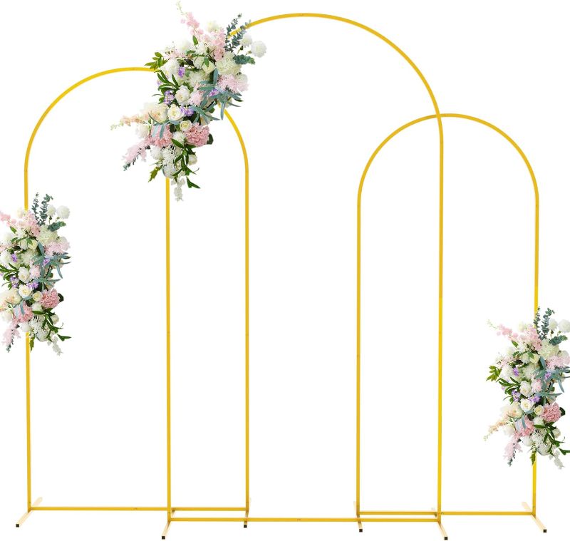 Photo 1 of Asee'm Wedding Arch Backdrop Stand Set of 3 (7.2FT, 6.6FT, 6FT) Gold Metal Arched Frame for Ceremony Parties Birthday Baby Shower Garden Balloon Decoration
