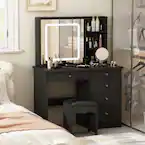 Photo 1 of 5-Drawers Black Wood LED Push-Pull Mirror Makeup Vanity Sets Dressing Table Sets with Stool and 3-Tier Storage Shelves