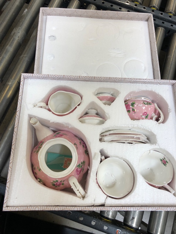 Photo 2 of BTaT- Floral Tea Set, Tea cups (8oz), Tea Pot (38oz), Creamer and Sugar Set, Gift box, Tea Sets for Women, Tea Cups and Saucer Set, China Tea Set for Adults, 4 Tea Cups Set PINK.