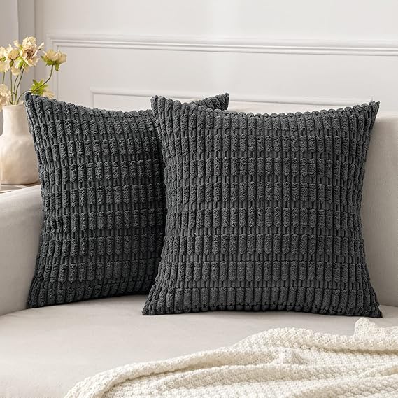 Photo 1 of  MIULEE Pack of 2 Corduroy Decorative Throw Pillow Covers 18x18 Inch Soft Boho Striped Pillow Covers Modern Farmhouse Home Decor for Sofa Living Room Couch Bed Dark Grey
