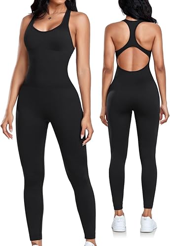 Photo 1 of  Womens Workout Jumpsuits Seamless Yoga Gym Bodycon Rompers Sexy Racerback Tummy Control Padded Bra Unitard