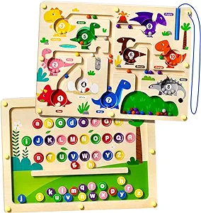 Photo 1 of 2 in 1 Magnetic Color and Number Maze Double-Sided ABC Alphabet Puzzles Board Magnet Dinosaur Counting Maze Preschool Learning Montessori Education 3 4 5 Years Toys
