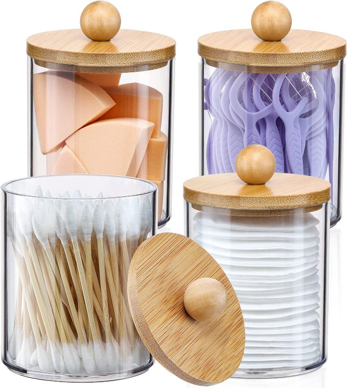 Photo 1 of 4 Pack Qtip Holder Dispenser with Bamboo Lids - 10 oz Clear Plastic Apothecary Jar Containers for Vanity Makeup Organizer Storage - Bathroom Accessories Set for Cotton Swab, Ball, Pads, Floss
