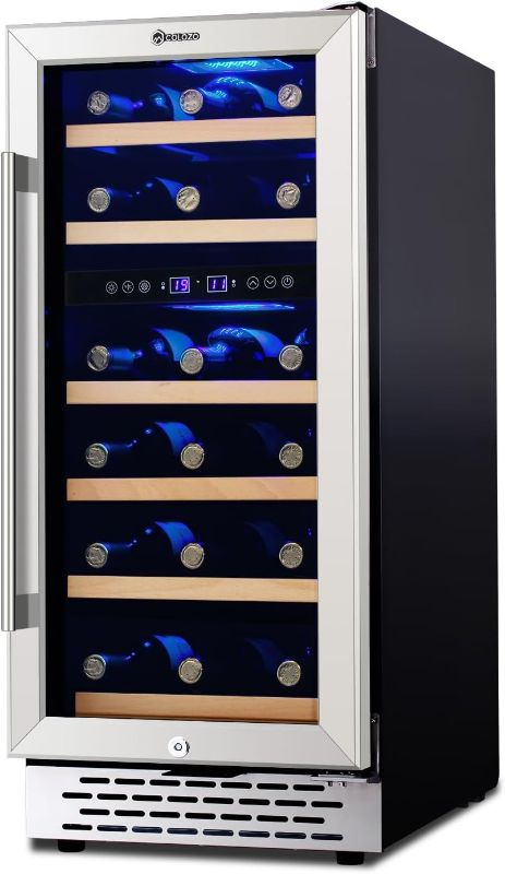 Photo 1 of *PARTS ONLY* 28 Bottle Wine Cooler Refrigerator, 15" Seamless Stainless Steel Built-in Freestanding Wine Fridge Double-Layer Tempered Glass Door with Lock, Under Counter Wine Cellar