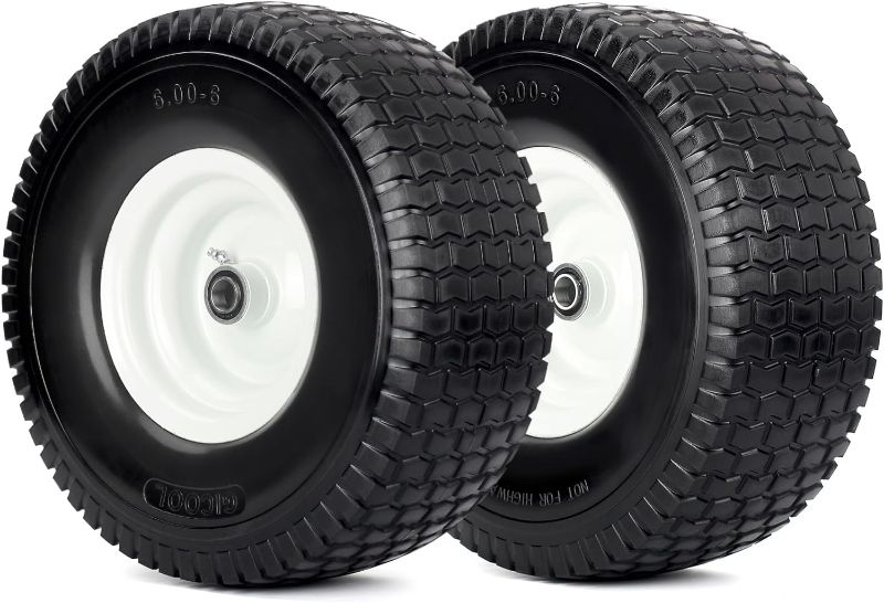 Photo 1 of 15x6.00-6 Flat Free Lawn Mower Tire and Wheel, 15x6-6nhs Riding Mowers Lawn Tire and Wheel with 3/4" Bearing, 3" Centered Hub, 2 Pack
