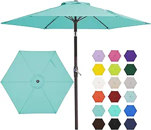 Photo 1 of 7.5FT Patio Umbrella Market Table Umbrella with 6 Sturdy Ribs, Push Button Tilt/Crank Outdoor Umbrella for Garden, Deck, Backyard, Pool and Beach,Creamy- turquoise
