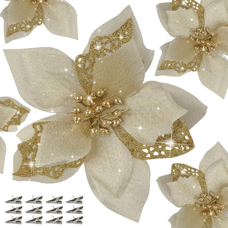 Photo 1 of 12 PCS Poinsettia Flower Artificial Poinsettia Christmas Decoration 5.9'' Gold Glitter Poinsettias Christmas Ornaments Christmas Tree Flower Decor with Clips DIY Xmas Wreath Holiday Home Party Decor
