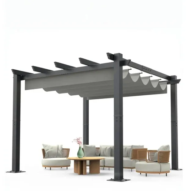 Photo 1 of  10'X 10' Outdoor Pergola with Retractable Sun Shade Canopy, Aluminum Garden Pergola, Patio Metal Shelter for Porch Yard BBQ Beach Grape Trellis-Grey
