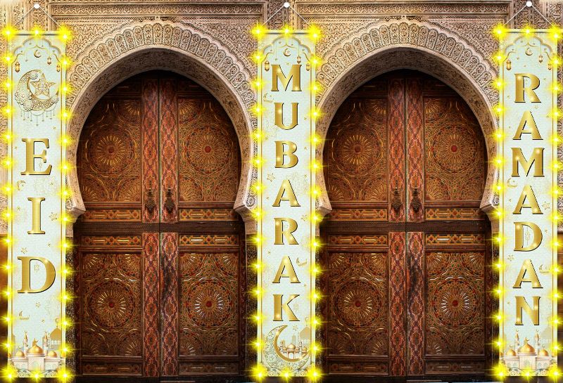 Photo 1 of 2 In 1 Ramadan Eid Mubarak Door Banner Decorations Ramadan Mubarak Front Door Porch Sign Eid Al Fitr Moon Hanging 2 In 1 Banner Decor for Home Indoor Outdoor Party Supplies?Gold? Yellow