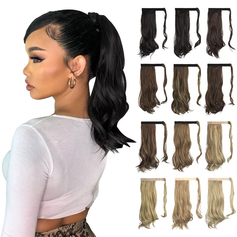 Photo 1 of                   Sofeiyan Curly Ponytail Extension 15 Inch Heat Resistant Synthetic Natural Wavy Hairpiece Wrap Around Pony Tail Hair Extensions for White Black Women Hair Piece, Off Black
  