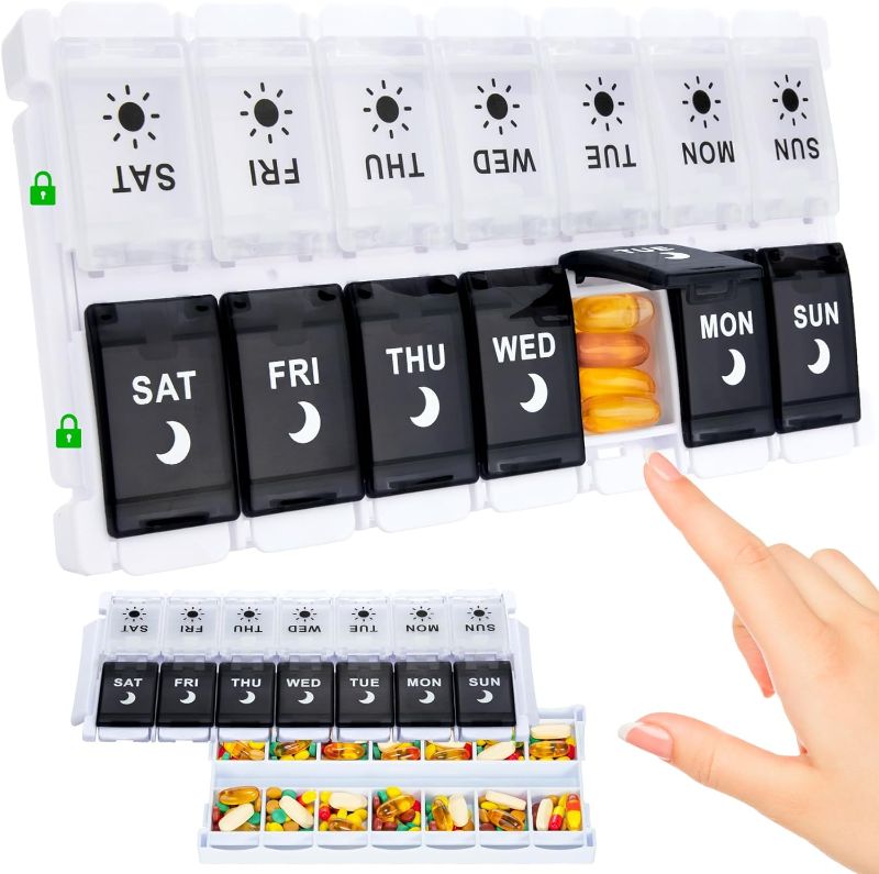 Photo 1 of  7 Day Pill Organizer 2 Times A Day-Weekly/ Daily Pill Box / Holder, Am Pm Easy Fill & Push Button Case, 2 in 1 Design,Large Compartment, 14 Day for Fish Oil/Supplements
 