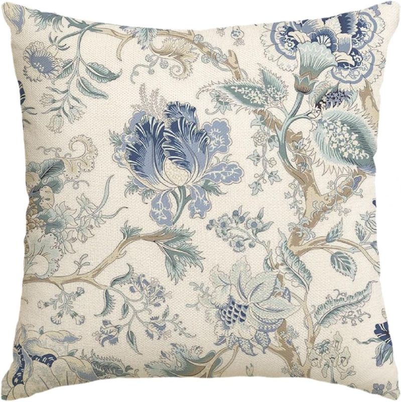 Photo 1 of `AVOIN colorlife Chinoiserie Flowers Trees Blue Throw Pillow Cover, 18 x 18 Inch Floral Cushion Case Outdoor Decoration for Sofa Couch Farmhouse
