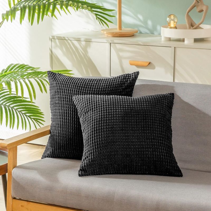 Photo 1 of CaliTime Pack of 2 Comfy Throw Pillow Covers Cases for Couch Sofa Bed Decoration Comfortable Supersoft Corduroy Corn Striped Both Sides 24 X 24 Inches Black
