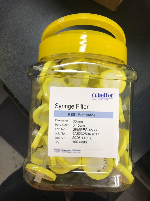 Photo 2 of 100 Pack PES Syringe Filter Lab Filters 0.45?m Pore Size 33mm Diameter Hydrophilic Filtration Non-sterile Yellow
