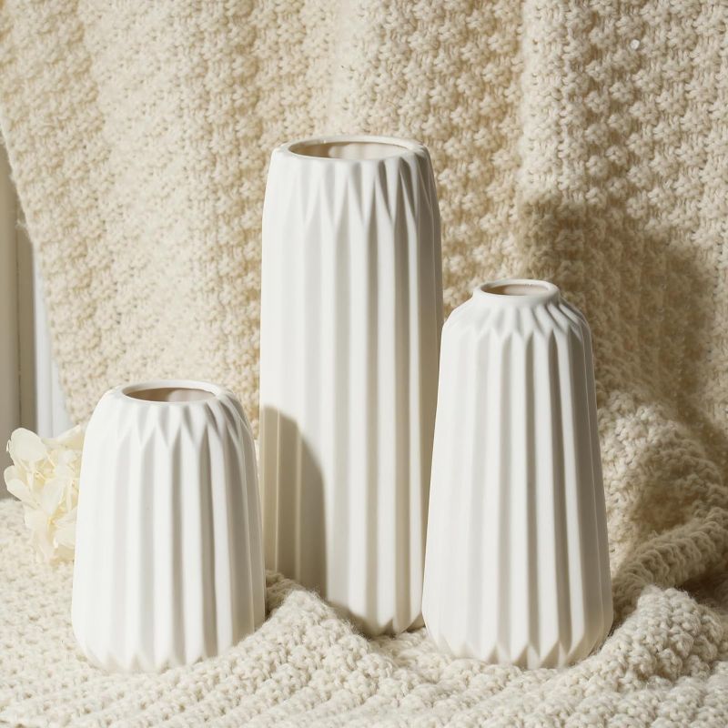 Photo 1 of  Ceramic Vase Set of 3, Scandinavian Style White Vase for Home Decor, Centerpiece Table, Bedroom Desk, Shelf, Cute Boho Flower Vase for Farmhouse, Entryway, Living Room, Office Decorations 