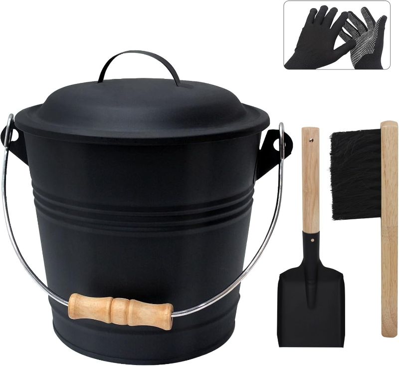 Photo 1 of Ash Bucket with Lid and Shovel, 1.3 Gallon Fireplace Bucket for Ashes, Includes Hand Broom and Gloves for Fire Pit, Wood Burning Stove and Grill
 