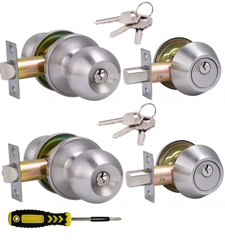 Photo 1 of  All Keyed Same Entry Door Knob and Single Cylinder Deadbolt Combo Set, Round Ball Satin Nickel Exterior Door Knobs with Lock and Keys for Entrance and Front Door Keyed Deadbolt Lockset-Keyed Alike