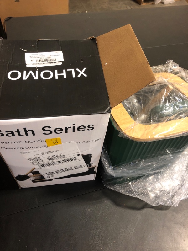 Photo 1 of Bathroom Accessories Sets Complete, 9-Piece Dark Green Bathroom Accessories with Trash Can, Vanity Tray, Soap Dispenser, Soap Dish, Toothbrush Holder, Toothbrush Cup, Toilet Brush and Qtip Holders
