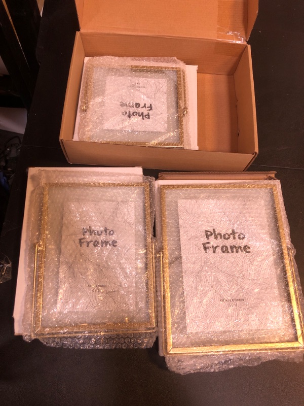 Photo 2 of 3 Packs Glass Photo Frame Collection Gold Floating Frame Simple Metal Geometric Picture Frame with Glass Cover for Weddings Frame Stand for Art Display, 8.66 x 6.69, 7.87 x 5.91, 5.91 x 5.91 Inches