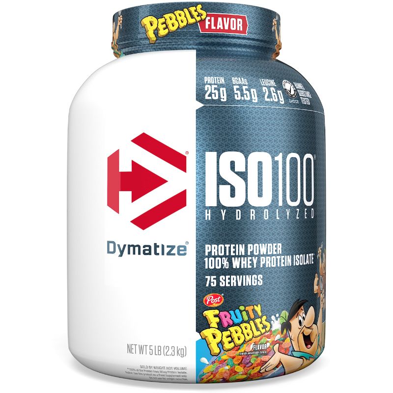 Photo 2 of \Dymatize ISO100 Hydrolyzed Protein Powder, 100% Whey Isolate, 25g of Protein, 5.5g BCAAs, Gluten Free, Fast Absorbing, Easy Digesting, Fruity Pebbles, 5 Pound Fruity Pebbles 75 Servings (Pack of 1) EXP 3/26